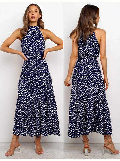Fitshinling Bohemian Summer Maxi Dress Women Polka Dot Sleeveless Sundress Slim A Line Vintage Long Dresses Holiday Vestidos New