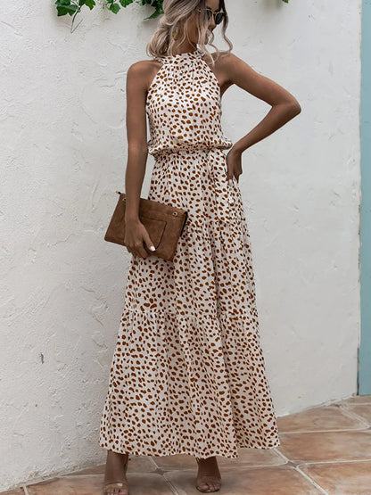 Fitshinling Bohemian Summer Maxi Dress Women Polka Dot Sleeveless Sundress Slim A Line Vintage Long Dresses Holiday Vestidos New
