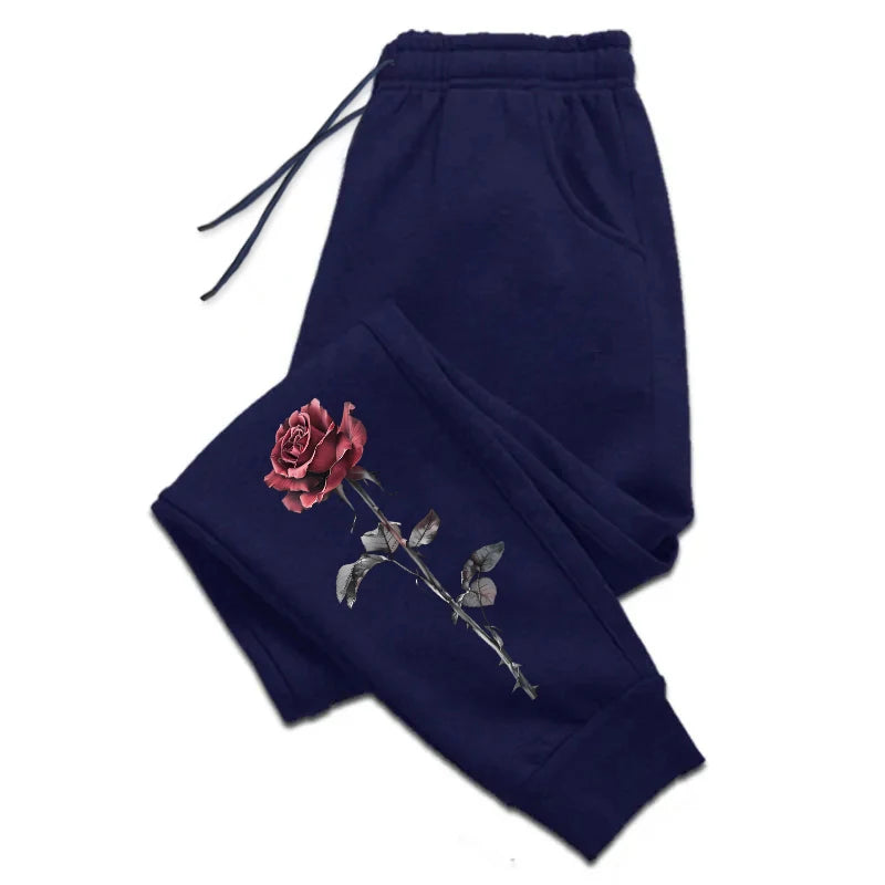 Rose Printed Trousers for Women Autumn Winter High Quality Drawstring Soft Jogger Pants Daily Casual Sports Versatile Sweatpants