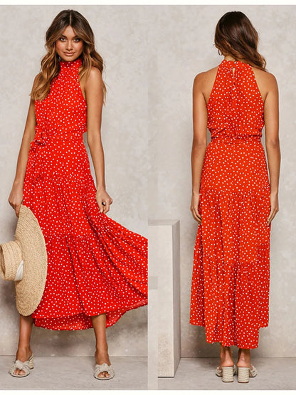 Fitshinling Bohemian Summer Maxi Dress Women Polka Dot Sleeveless Sundress Slim A Line Vintage Long Dresses Holiday Vestidos New