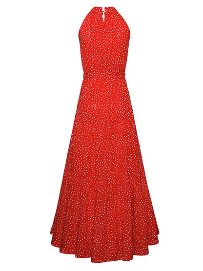 Fitshinling Bohemian Summer Maxi Dress Women Polka Dot Sleeveless Sundress Slim A Line Vintage Long Dresses Holiday Vestidos New