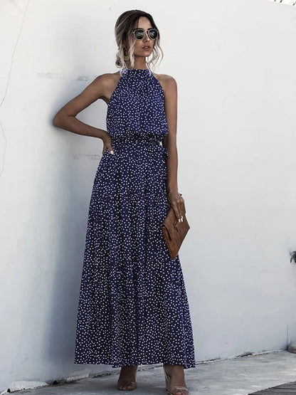 Fitshinling Bohemian Summer Maxi Dress Women Polka Dot Sleeveless Sundress Slim A Line Vintage Long Dresses Holiday Vestidos New