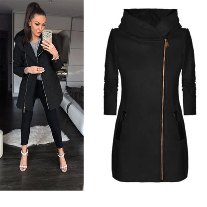 Women’s Winter & Spring Mid-Length Hooded Jacket – Solid Color, Zipper Closure