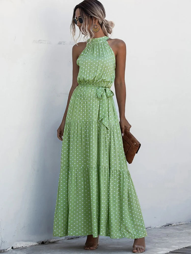 Fitshinling Bohemian Summer Maxi Dress Women Polka Dot Sleeveless Sundress Slim A Line Vintage Long Dresses Holiday Vestidos New