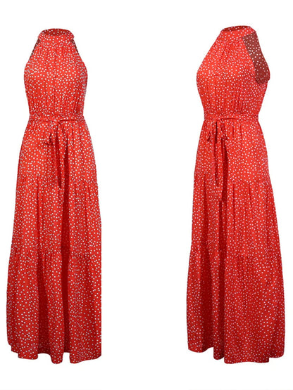 Fitshinling Bohemian Summer Maxi Dress Women Polka Dot Sleeveless Sundress Slim A Line Vintage Long Dresses Holiday Vestidos New