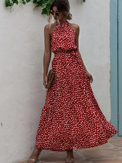 Fitshinling Bohemian Summer Maxi Dress Women Polka Dot Sleeveless Sundress Slim A Line Vintage Long Dresses Holiday Vestidos New