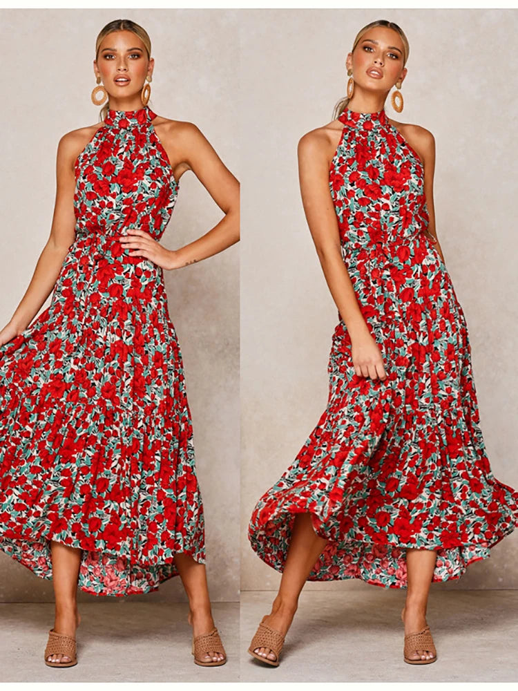 Fitshinling Bohemian Summer Maxi Dress Women Polka Dot Sleeveless Sundress Slim A Line Vintage Long Dresses Holiday Vestidos New