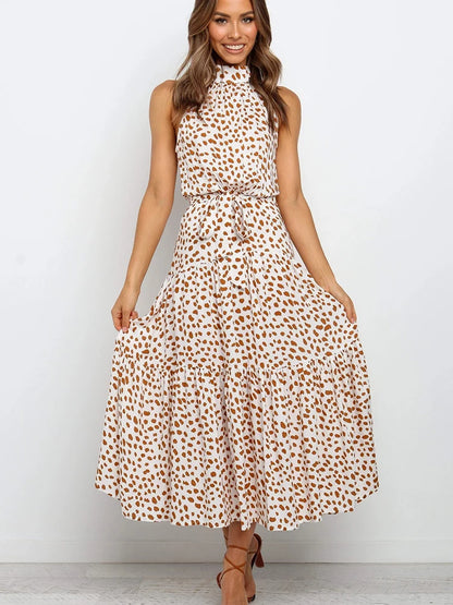 Fitshinling Bohemian Summer Maxi Dress Women Polka Dot Sleeveless Sundress Slim A Line Vintage Long Dresses Holiday Vestidos New