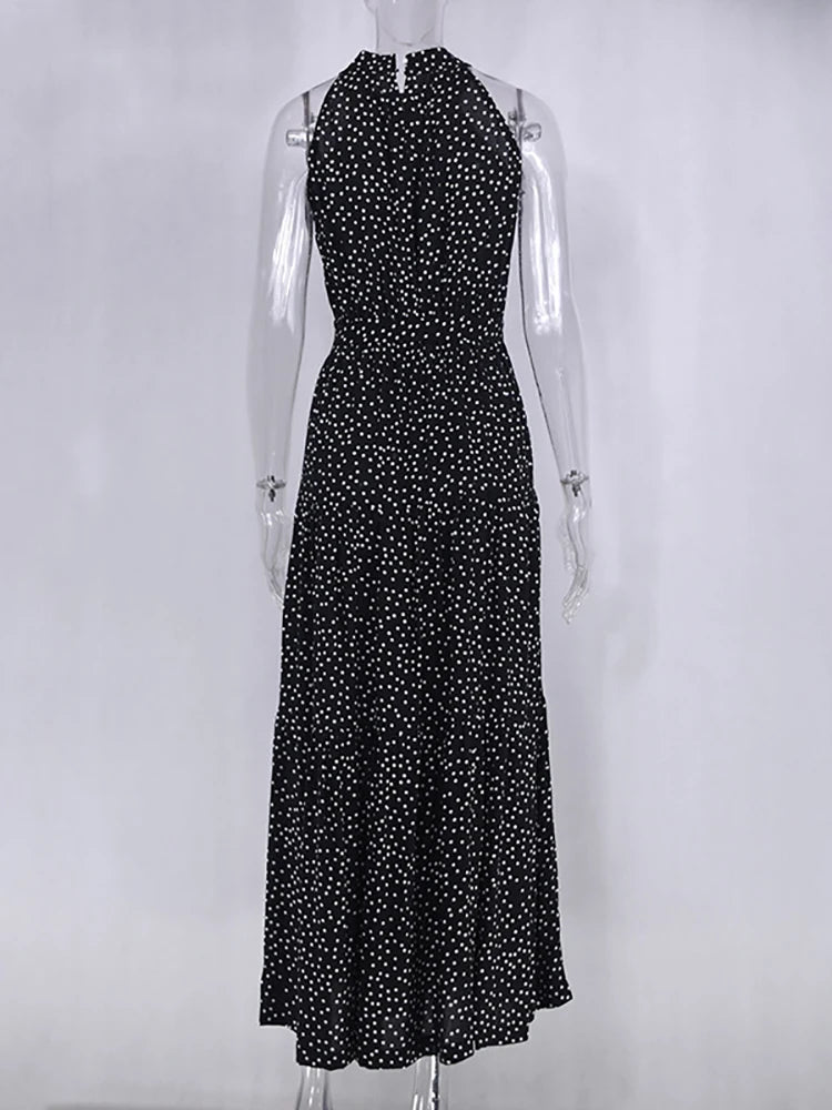 Fitshinling Bohemian Summer Maxi Dress Women Polka Dot Sleeveless Sundress Slim A Line Vintage Long Dresses Holiday Vestidos New