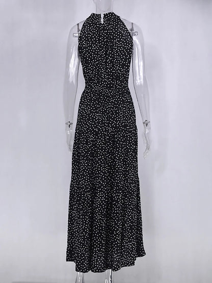 Fitshinling Bohemian Summer Maxi Dress Women Polka Dot Sleeveless Sundress Slim A Line Vintage Long Dresses Holiday Vestidos New
