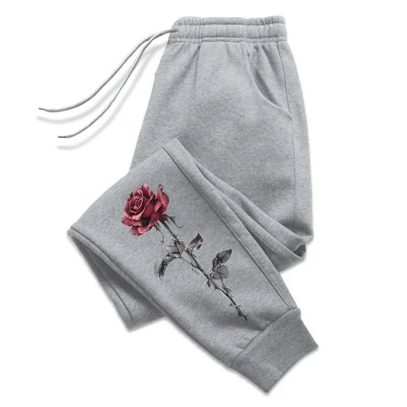 Rose Printed Trousers for Women Autumn Winter High Quality Drawstring Soft Jogger Pants Daily Casual Sports Versatile Sweatpants