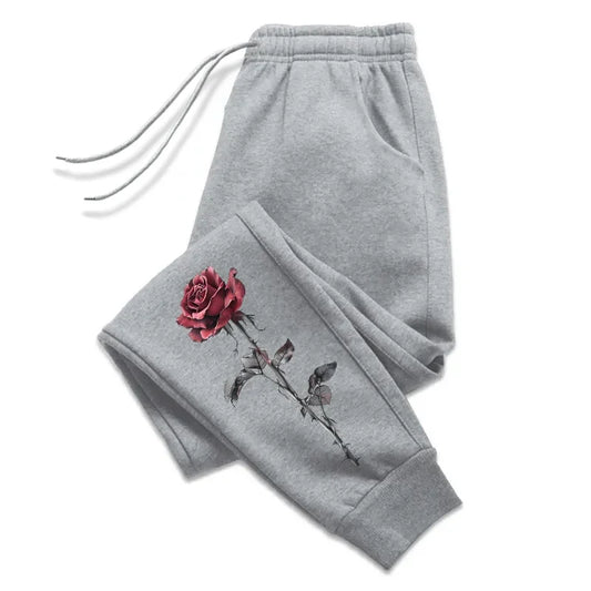 Rose Printed Trousers for Women Autumn Winter High Quality Drawstring Soft Jogger Pants Daily Casual Sports Versatile Sweatpants