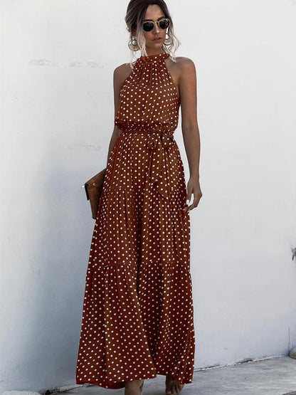 Fitshinling Bohemian Summer Maxi Dress Women Polka Dot Sleeveless Sundress Slim A Line Vintage Long Dresses Holiday Vestidos New