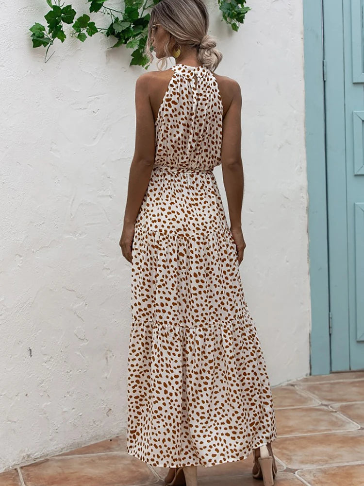 Fitshinling Bohemian Summer Maxi Dress Women Polka Dot Sleeveless Sundress Slim A Line Vintage Long Dresses Holiday Vestidos New