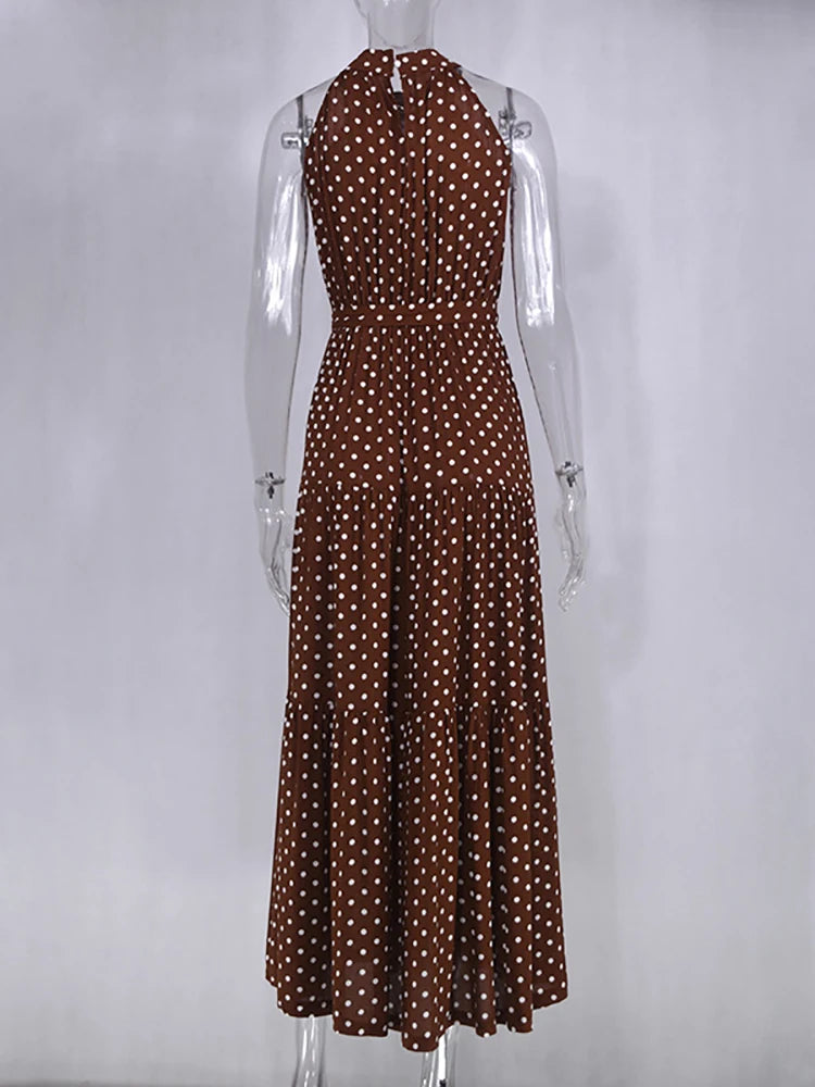 Fitshinling Bohemian Summer Maxi Dress Women Polka Dot Sleeveless Sundress Slim A Line Vintage Long Dresses Holiday Vestidos New