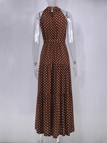 Fitshinling Bohemian Summer Maxi Dress Women Polka Dot Sleeveless Sundress Slim A Line Vintage Long Dresses Holiday Vestidos New