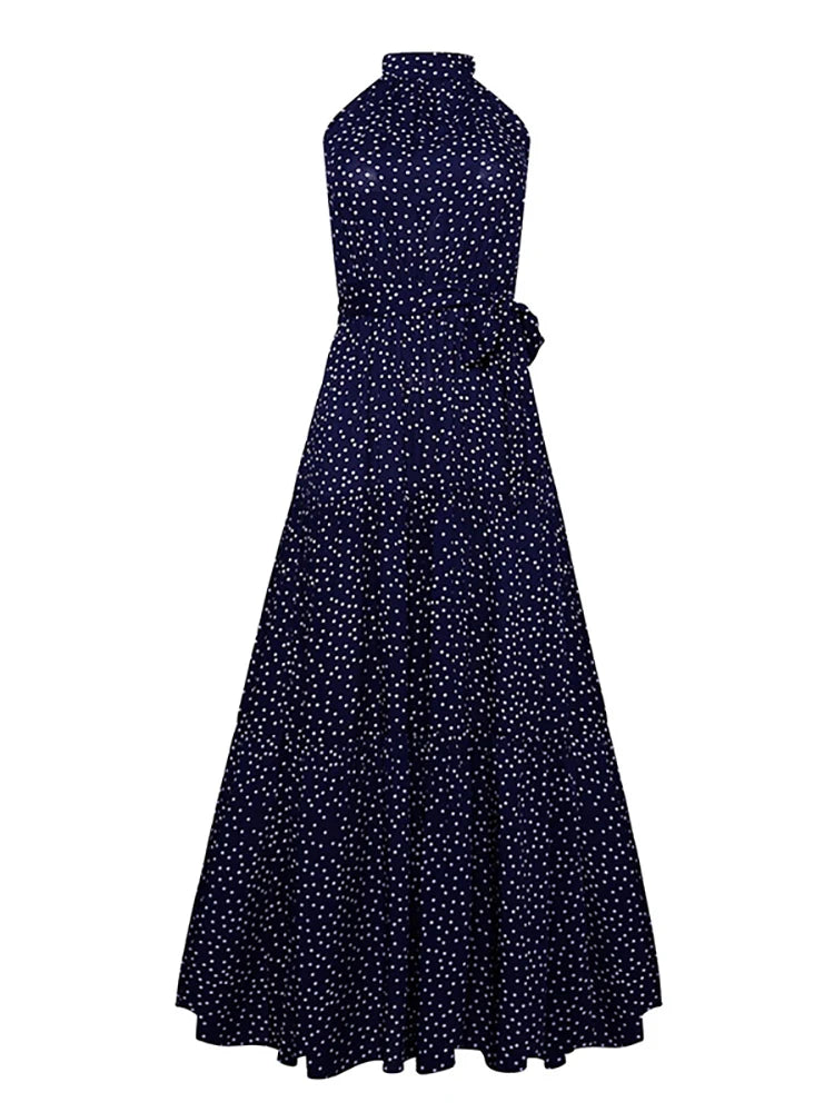 Fitshinling Bohemian Summer Maxi Dress Women Polka Dot Sleeveless Sundress Slim A Line Vintage Long Dresses Holiday Vestidos New