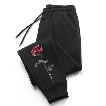 Rose Printed Trousers for Women Autumn Winter High Quality Drawstring Soft Jogger Pants Daily Casual Sports Versatile Sweatpants
