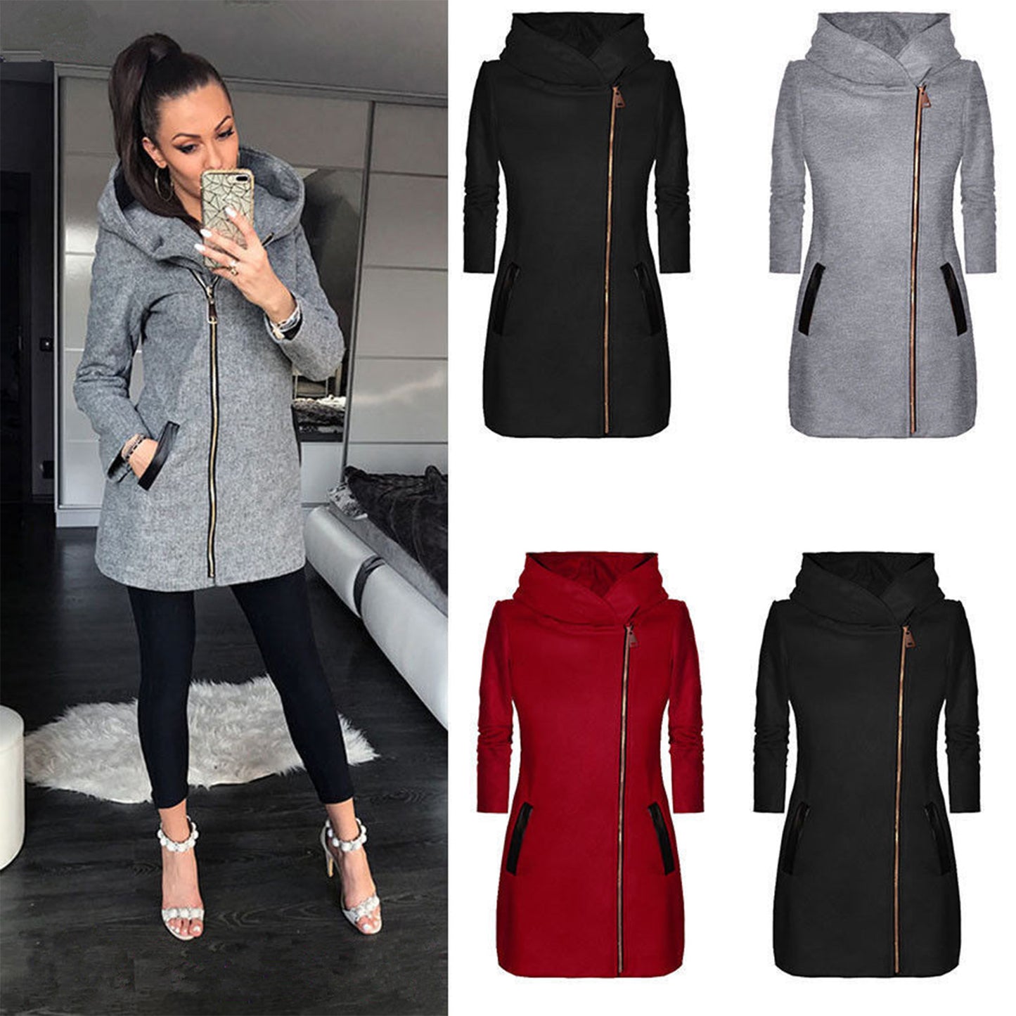 Women’s Winter & Spring Mid-Length Hooded Jacket – Solid Color, Zipper Closure