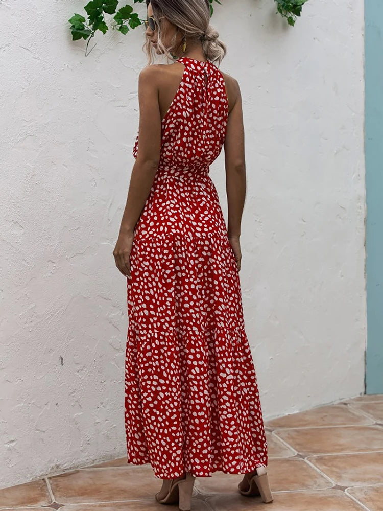 Fitshinling Bohemian Summer Maxi Dress Women Polka Dot Sleeveless Sundress Slim A Line Vintage Long Dresses Holiday Vestidos New