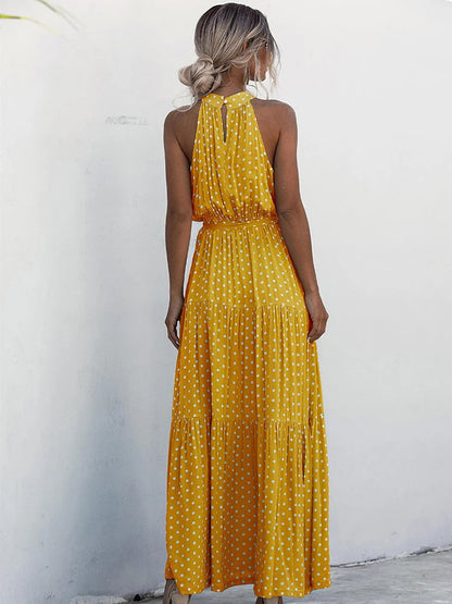 Fitshinling Bohemian Summer Maxi Dress Women Polka Dot Sleeveless Sundress Slim A Line Vintage Long Dresses Holiday Vestidos New