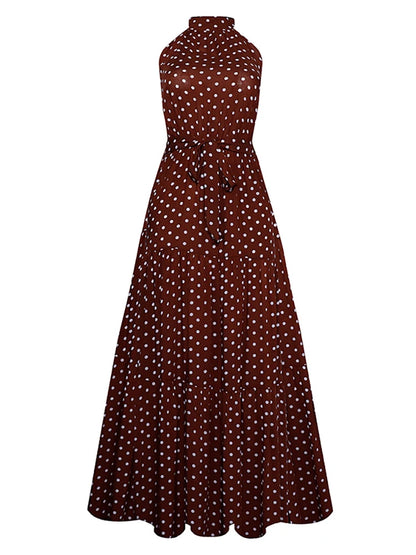 Fitshinling Bohemian Summer Maxi Dress Women Polka Dot Sleeveless Sundress Slim A Line Vintage Long Dresses Holiday Vestidos New