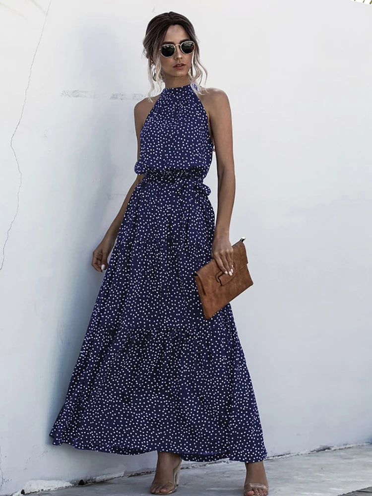 Fitshinling Bohemian Summer Maxi Dress Women Polka Dot Sleeveless Sundress Slim A Line Vintage Long Dresses Holiday Vestidos New
