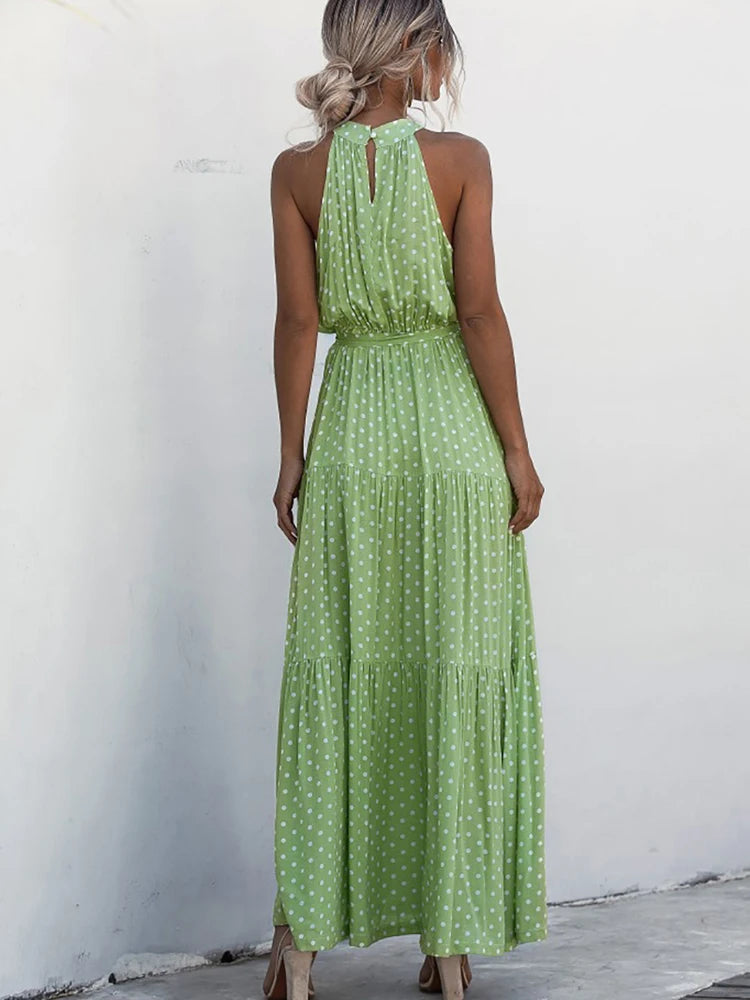 Fitshinling Bohemian Summer Maxi Dress Women Polka Dot Sleeveless Sundress Slim A Line Vintage Long Dresses Holiday Vestidos New