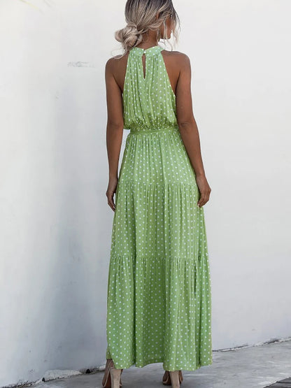 Fitshinling Bohemian Summer Maxi Dress Women Polka Dot Sleeveless Sundress Slim A Line Vintage Long Dresses Holiday Vestidos New