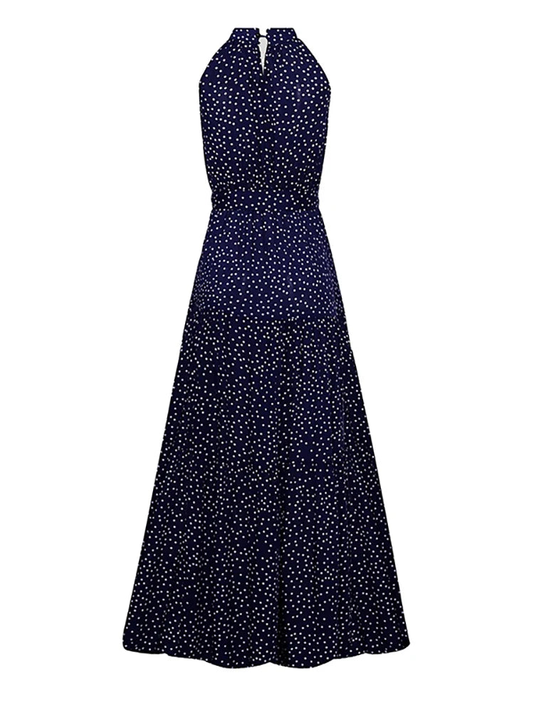Fitshinling Bohemian Summer Maxi Dress Women Polka Dot Sleeveless Sundress Slim A Line Vintage Long Dresses Holiday Vestidos New