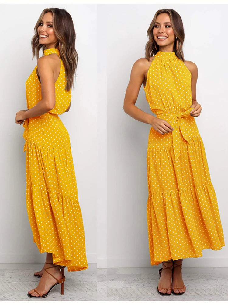 Fitshinling Bohemian Summer Maxi Dress Women Polka Dot Sleeveless Sundress Slim A Line Vintage Long Dresses Holiday Vestidos New