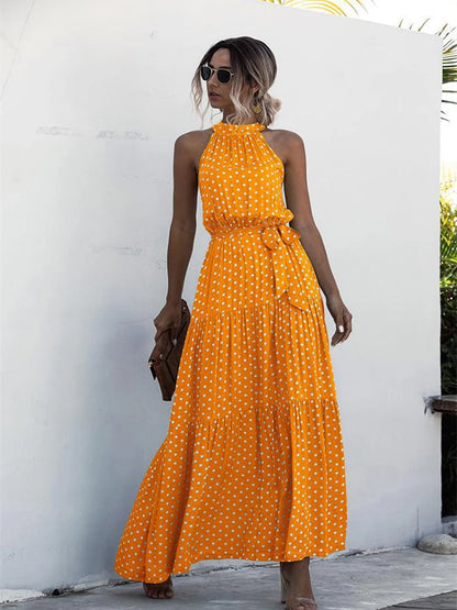 Fitshinling Bohemian Summer Maxi Dress Women Polka Dot Sleeveless Sundress Slim A Line Vintage Long Dresses Holiday Vestidos New