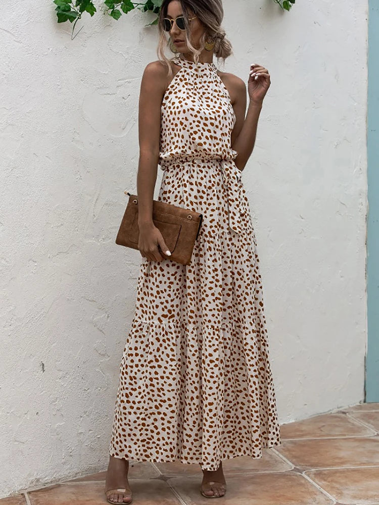 Fitshinling Bohemian Summer Maxi Dress Women Polka Dot Sleeveless Sundress Slim A Line Vintage Long Dresses Holiday Vestidos New