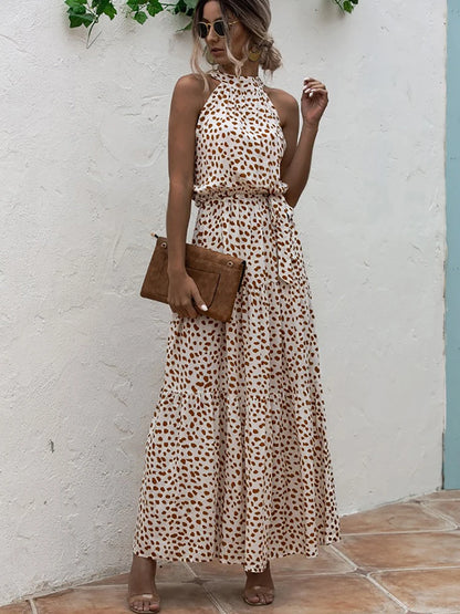 Fitshinling Bohemian Summer Maxi Dress Women Polka Dot Sleeveless Sundress Slim A Line Vintage Long Dresses Holiday Vestidos New