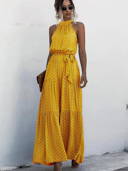 Fitshinling Bohemian Summer Maxi Dress Women Polka Dot Sleeveless Sundress Slim A Line Vintage Long Dresses Holiday Vestidos New