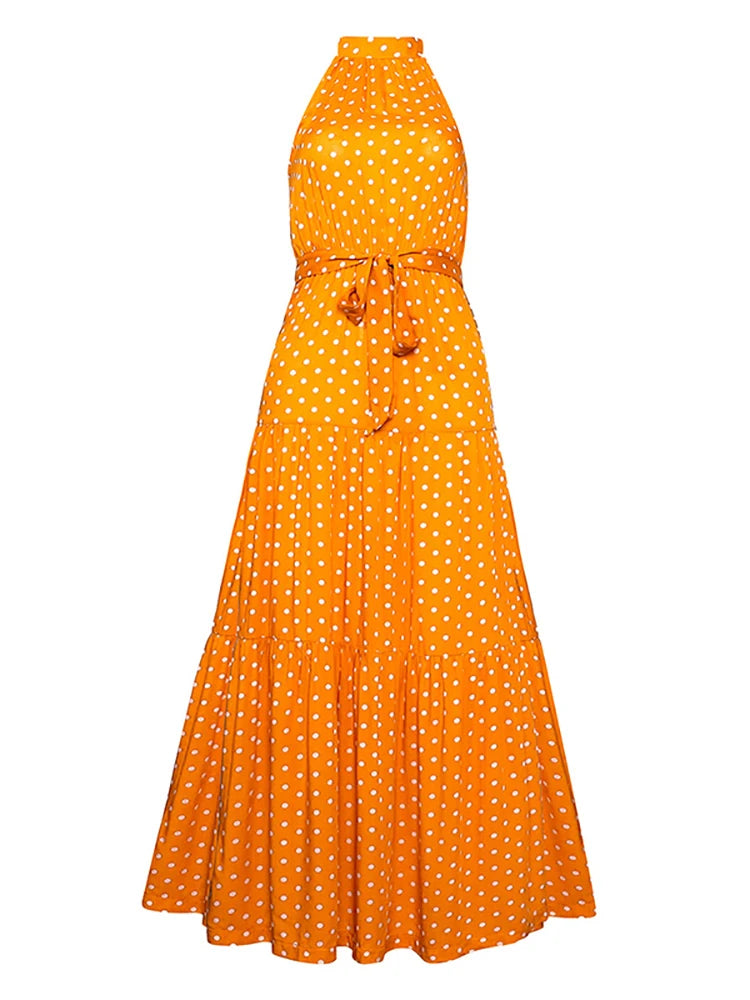 Fitshinling Bohemian Summer Maxi Dress Women Polka Dot Sleeveless Sundress Slim A Line Vintage Long Dresses Holiday Vestidos New
