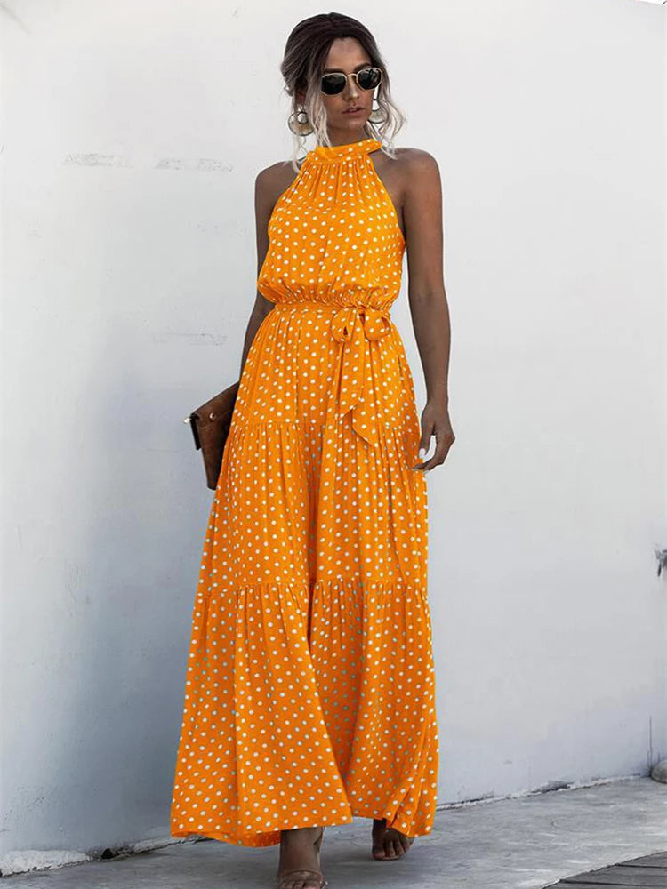 Fitshinling Bohemian Summer Maxi Dress Women Polka Dot Sleeveless Sundress Slim A Line Vintage Long Dresses Holiday Vestidos New
