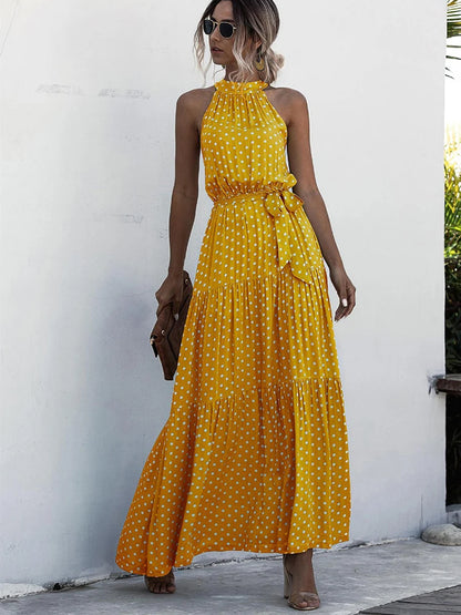 Fitshinling Bohemian Summer Maxi Dress Women Polka Dot Sleeveless Sundress Slim A Line Vintage Long Dresses Holiday Vestidos New