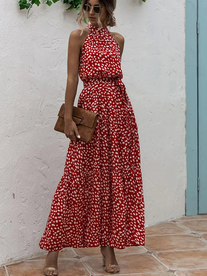 Fitshinling Bohemian Summer Maxi Dress Women Polka Dot Sleeveless Sundress Slim A Line Vintage Long Dresses Holiday Vestidos New