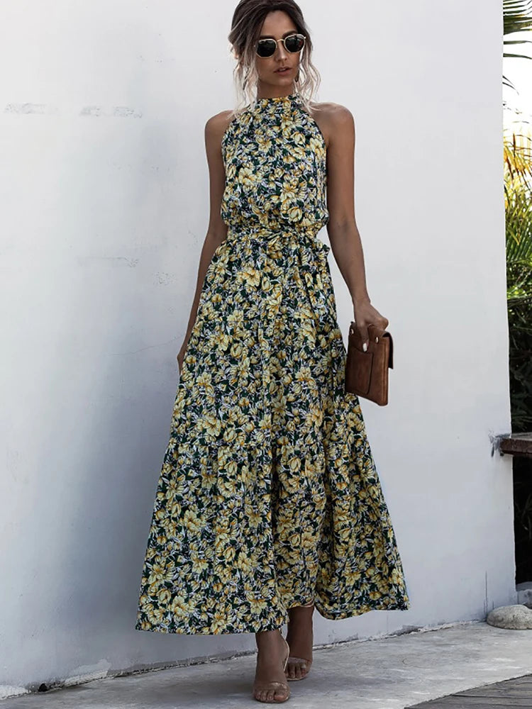 Fitshinling Bohemian Summer Maxi Dress Women Polka Dot Sleeveless Sundress Slim A Line Vintage Long Dresses Holiday Vestidos New