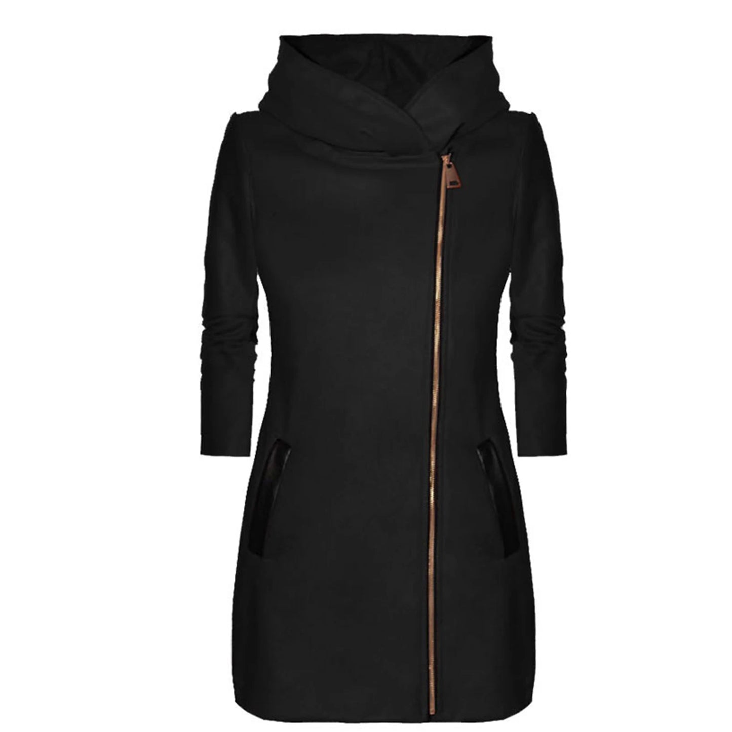 Women’s Winter & Spring Mid-Length Hooded Jacket – Solid Color, Zipper Closure