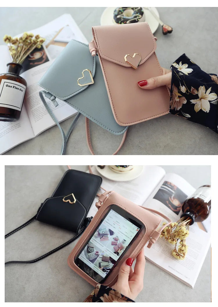 Women’s PU Leather Crossbody Bag with Transparent Touch Screen Wallet