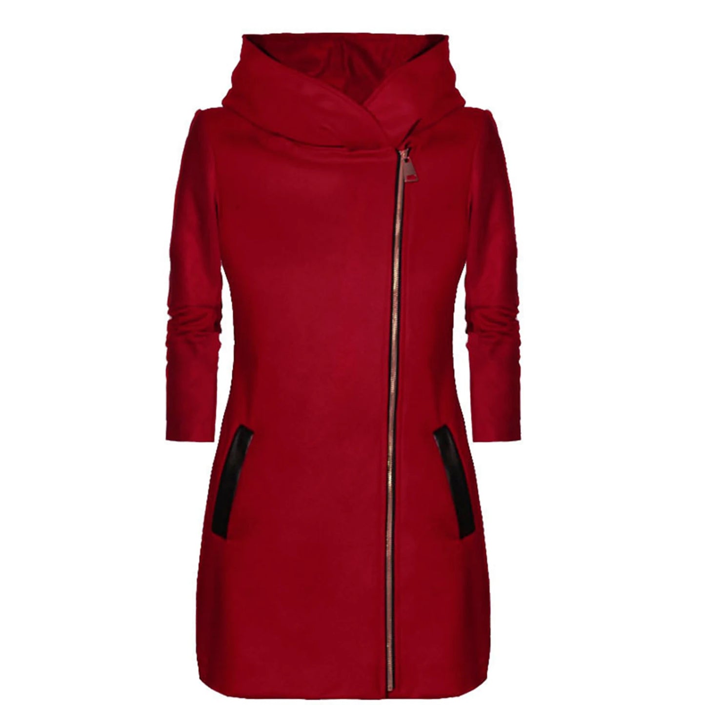 Women’s Winter & Spring Mid-Length Hooded Jacket – Solid Color, Zipper Closure