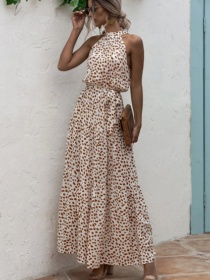 Fitshinling Bohemian Summer Maxi Dress Women Polka Dot Sleeveless Sundress Slim A Line Vintage Long Dresses Holiday Vestidos New