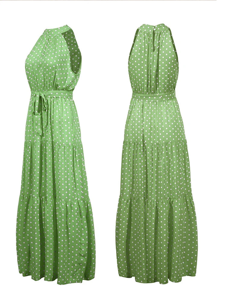 Fitshinling Bohemian Summer Maxi Dress Women Polka Dot Sleeveless Sundress Slim A Line Vintage Long Dresses Holiday Vestidos New
