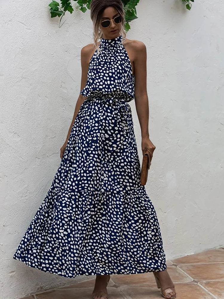 Fitshinling Bohemian Summer Maxi Dress Women Polka Dot Sleeveless Sundress Slim A Line Vintage Long Dresses Holiday Vestidos New