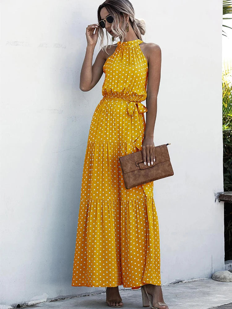 Fitshinling Bohemian Summer Maxi Dress Women Polka Dot Sleeveless Sundress Slim A Line Vintage Long Dresses Holiday Vestidos New