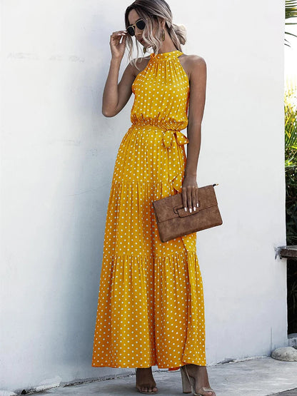Fitshinling Bohemian Summer Maxi Dress Women Polka Dot Sleeveless Sundress Slim A Line Vintage Long Dresses Holiday Vestidos New