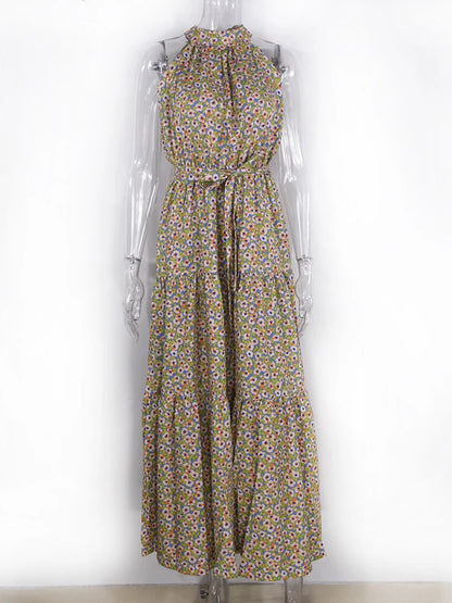 Fitshinling Bohemian Summer Maxi Dress Women Polka Dot Sleeveless Sundress Slim A Line Vintage Long Dresses Holiday Vestidos New