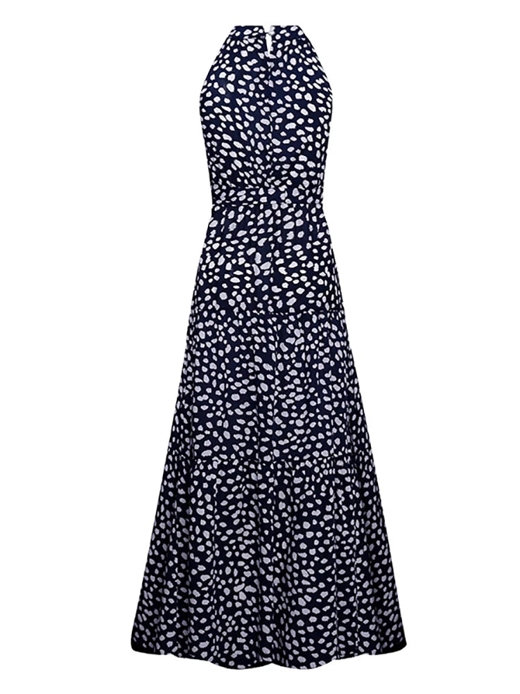 Fitshinling Bohemian Summer Maxi Dress Women Polka Dot Sleeveless Sundress Slim A Line Vintage Long Dresses Holiday Vestidos New